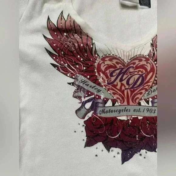 Harley-Davidson White Winged Rhinestone Graphic T-Shirt - Biker Style Sz Large - Picture 2 of 6